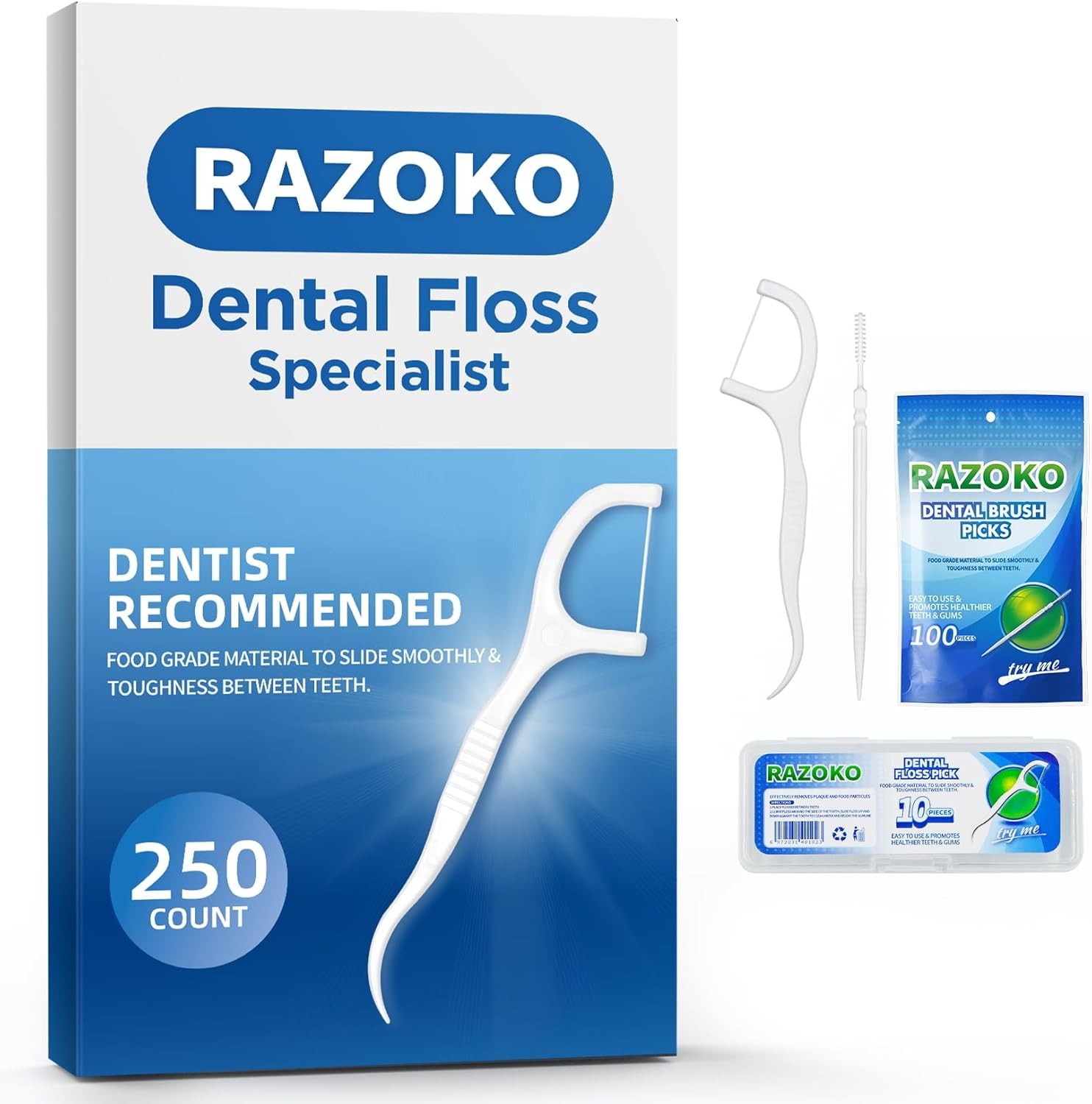 RAZOKO Dental Floss Picks High Toughness Toothpicks Sticks 250pcs with Portable