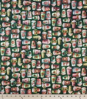 Cotton Frosted Coffees Lattes Drinks Cups Christmas Fabric Print by Yard D403.48