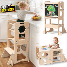 4-in-1 Toddler Kitchen Step Stool Foldable Learning Tower Wooden Kids Helpers