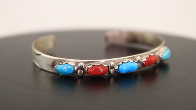 Zuni Cuff Bracelet Sterling Silver Natural Coral & Turquoise