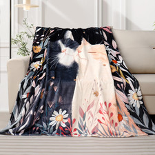 Cute Cat Throw Blanket for Cats Lover Valentine's Day Bed Blanket Floral Plant B