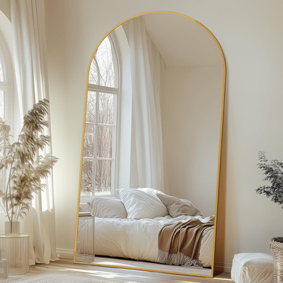 44''x88'' Gold Arch Floor Mirror with Stand for Bedroom & Living Room