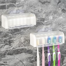 2 Pack 5 Slots Wall Mount Toothbrush Holder with Cover, Self Adhesive Toothbr...