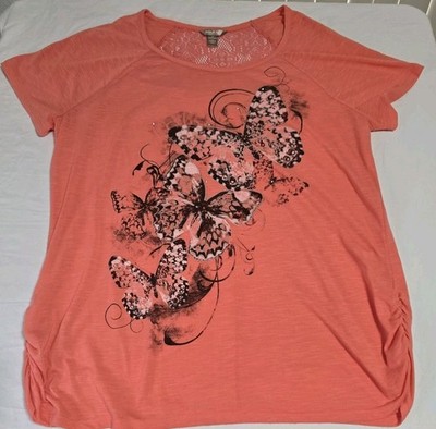 White Stag Women's 2X (18W-20W) Shirt Peach Butterflies