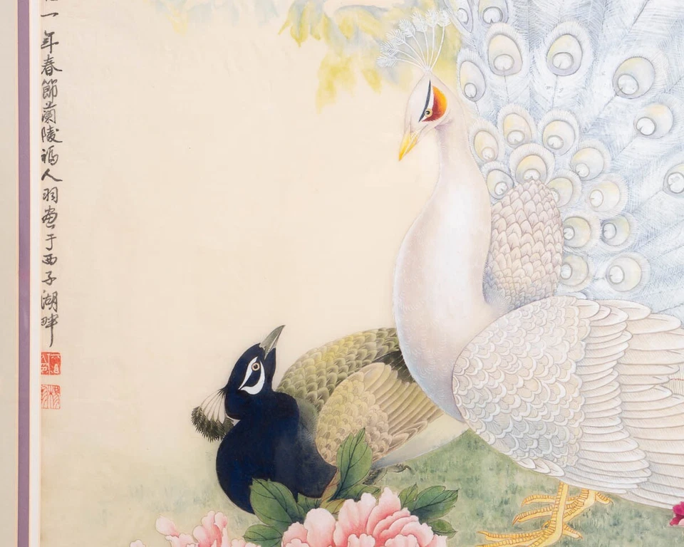 Large Chinese Silk Painting White & Black Peacocks & Peonies 31" Wide x 49" Tall - Image 3 of 4