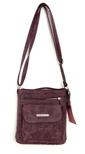 Stone Mountain Shoulder Bag Purse Cross Body Nubuck Laser Cut Plum Burgundy