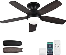 52 Inch Black Ceiling Fan with Light,Flush Mount Ceiling Fans with Remote,Double