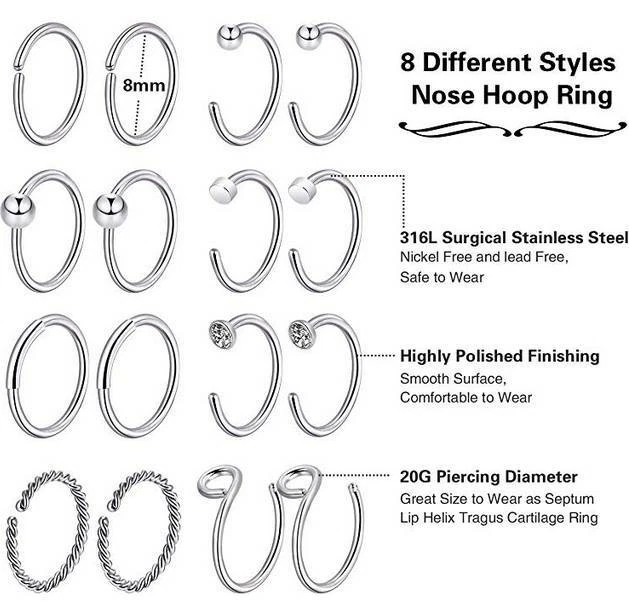 Juego de 46 piezas de anillos de aro para nariz 20G tachuelas de hueso tragus cartílago oreja piercing joyería Foto 4 de 4