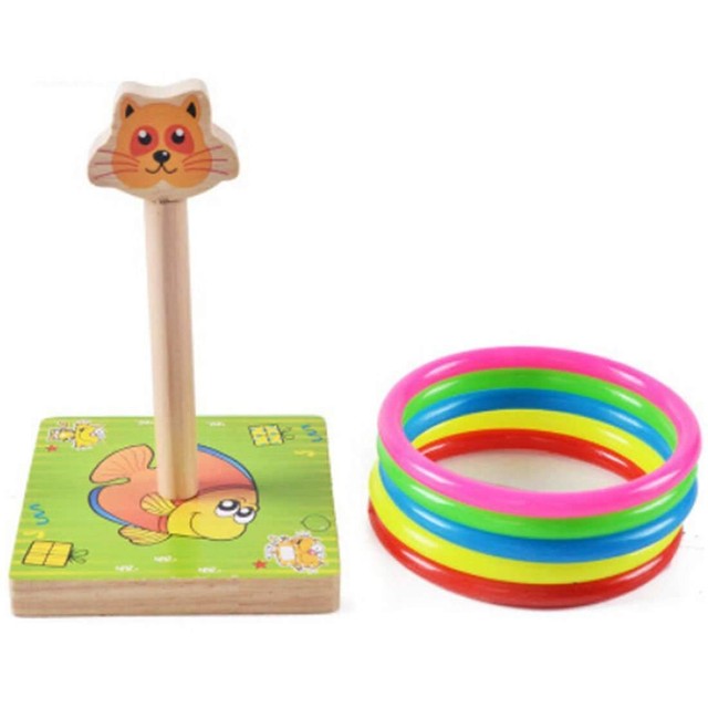 Kindergarten Children Wooden Cat Animal Throwing Ring Toss Games