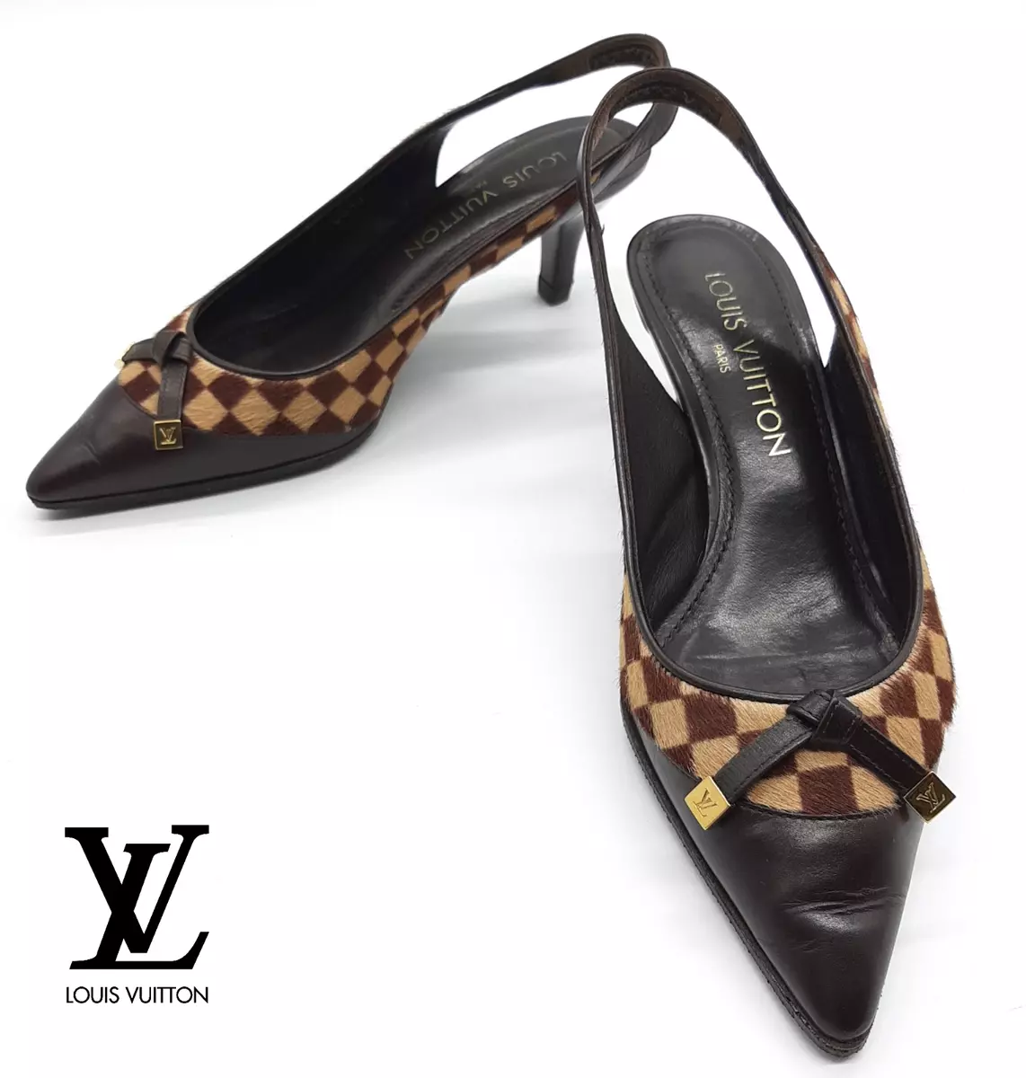 Louis Vuitton Damier calfskin pumps ankle strap used excellent women's size 34
