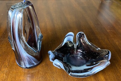 vintage hand blown art glass candle holder ashtray set purple