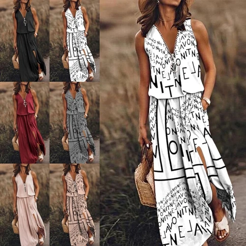 Women Tank Dress V Neck Long Maxi Dresses Ladies Sleeveless Party Hawaiian Slit⇗ - Picture 1 of 22