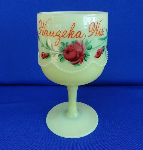 HEISEY Uranium UG Custard Glass Stemmed Water Goblet - Souvenir WAUZEKA WI Wis