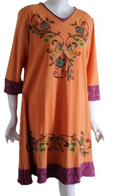 Double D Ranch Sz L Orange V-Neck Beaded Amazing Art-to-Wear Dress or Tunic Top