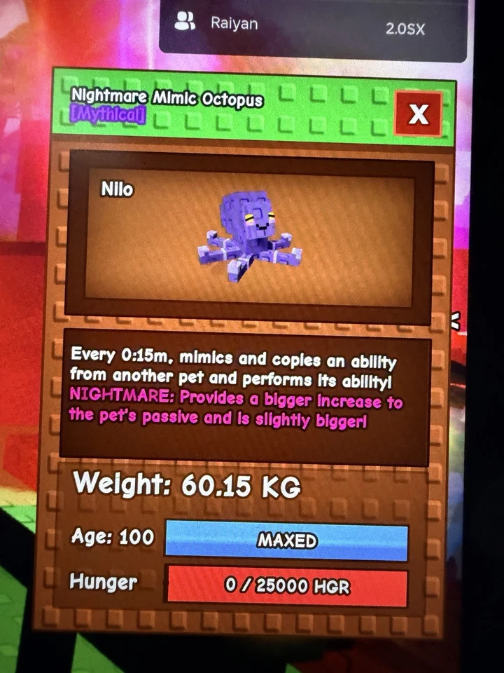 ROBLOX 🐙HUGE NIGHTMARE MIMIC OCTOPUS 59+KG 15S COOL DOWN WITH TOY 🐙GROW A GARDEN 🪴