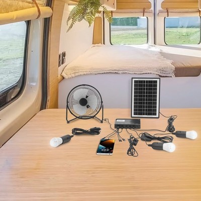 Solar Power Panel Kit Outdoor Camping USB Charging System W/ LED Light & 8'' Fan