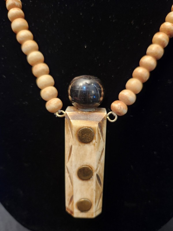 Snuff  Herb Bottle Necklace Hand Carved Bovine Bone Inlaid Brass  30"