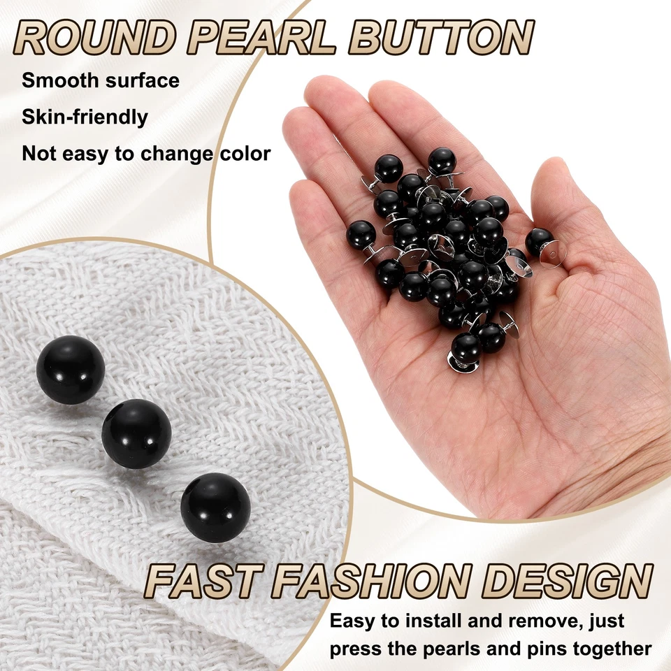 30 Set No Sew Pearl Buttons 0.4" (10mm) Removable Reusable Fixed Pins, Black - Image 4 of 4