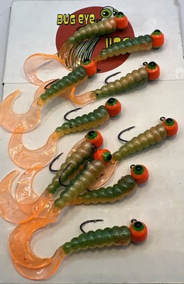 10 Pack 1/16 Oz Crappie Jigs, Curly Tail Jigs; Crappie, (Orange And Green)