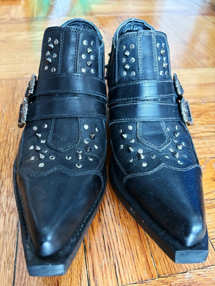New Rocks Spiked Steel Heels Goth Punk Black Ankle Boots Size 38 - Image 3 of 4