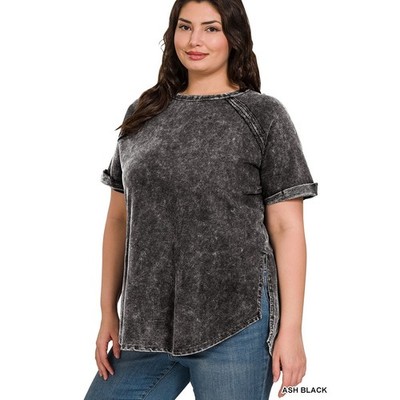Zenana Pullover Top Women 3X Ash Black NWT Terry Acid Wash Short Cuff Sleeve