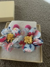 Raffia And Fabric Dangle Drop Earring With A Yellow Raffia Flower And Pink Post