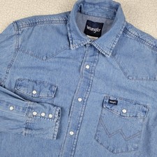 Wrangler Denim Shirt Men's Size Medium Blue Pearl Snap Western Cowboy Rodeo