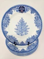 Set Of 6 Royal Stafford Blue Christmas Tree Holiday Salad Plates 8-3/8" New