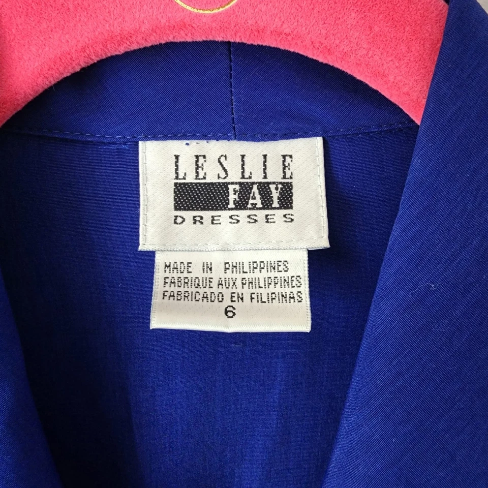 Vintage Leslie Fay 80s Career Dress Blue Button Belted Secretary Size 6 - Image 4 of 4