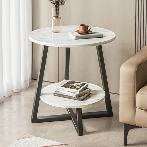 2-Tier Metal Frame Round Tables White Marble Top Coffee Side Table Storage Shelf - Picture 1 of 9