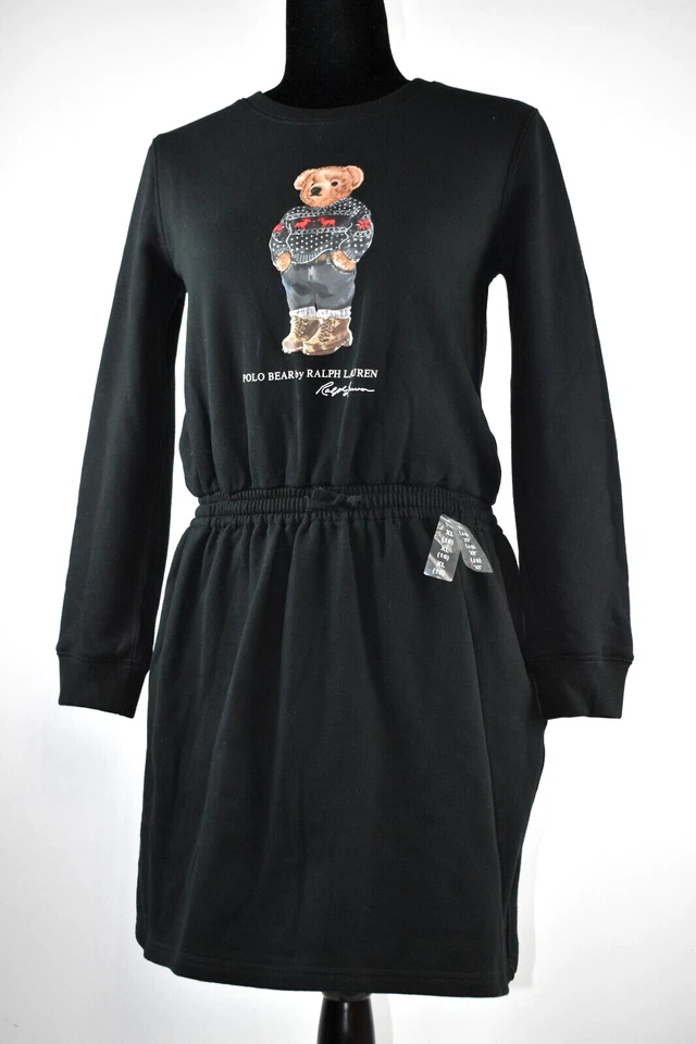 NWT Polo Ralph Lauren Sz XL 16 Girls Black Short Dress Bear Long Sleeves Pockets - Image 3 of 4