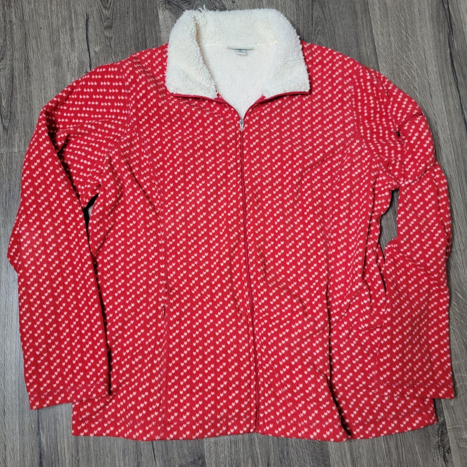 LL Bean Birdseye Fleece Sweater Jacket Womens Size XL Red White Full Zip