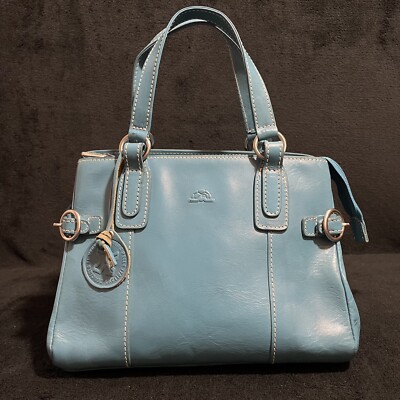 Green By Tony Perotti Vegetable Tanned Blue Leather Hand Bag Purse Satchel EUC++
