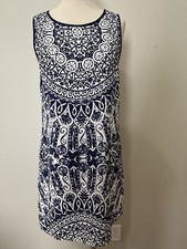 Yahada Made In USA  Print Blue White Tunic Dress Bohemian Size M Lined