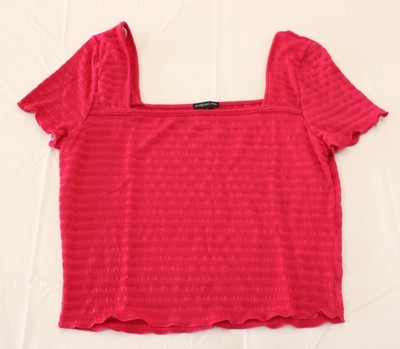 Moa Moa Women's Short Sleeve Square Neck Smocked Crop Top JJ4 Magenta Large NWT