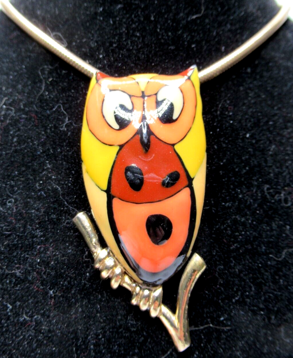 EISENBERG Fall Colored Enamel Owl Vintage Pendant Necklace