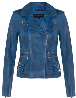 Ladies Leather Biker Jacket Blue Real 