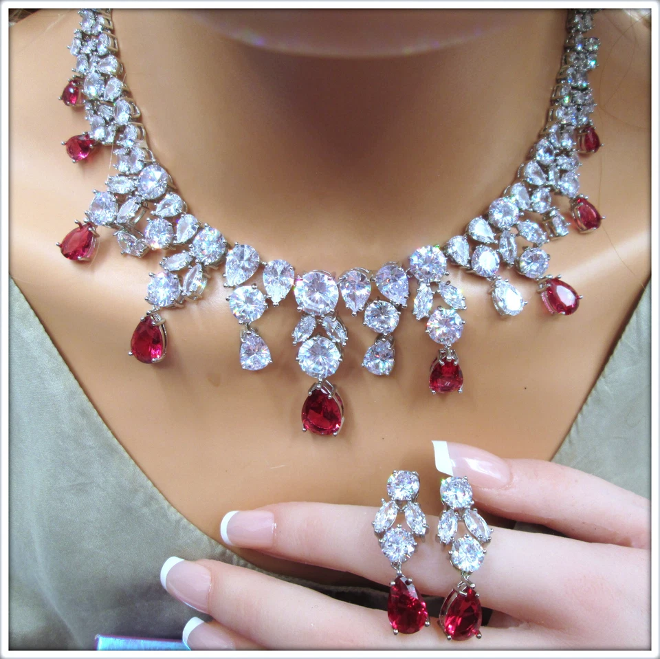 Ruby pear cut gemstone ladies Necklace Earrings Set For Brides And Weddings - Image 3 of 4