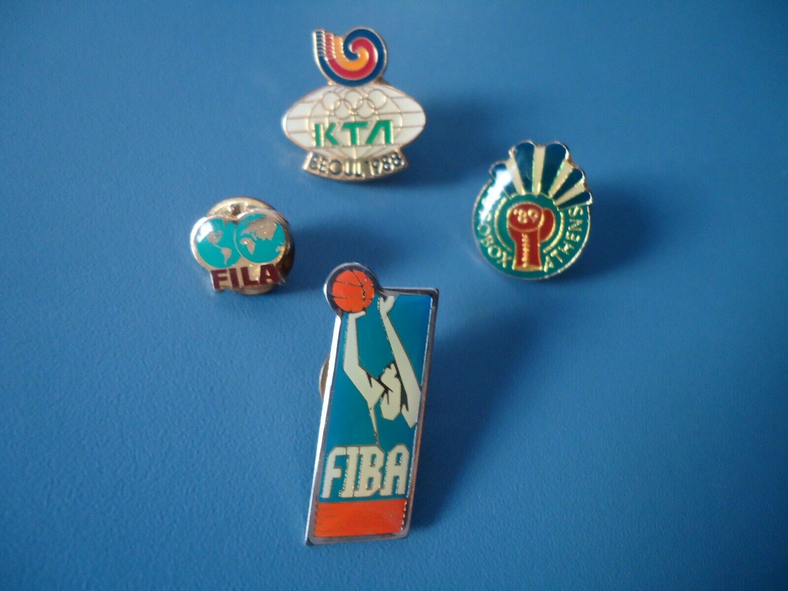 Lot of 4 sports badges FIBA FILA EUROBOX 89 ATHENS SEUL 1988