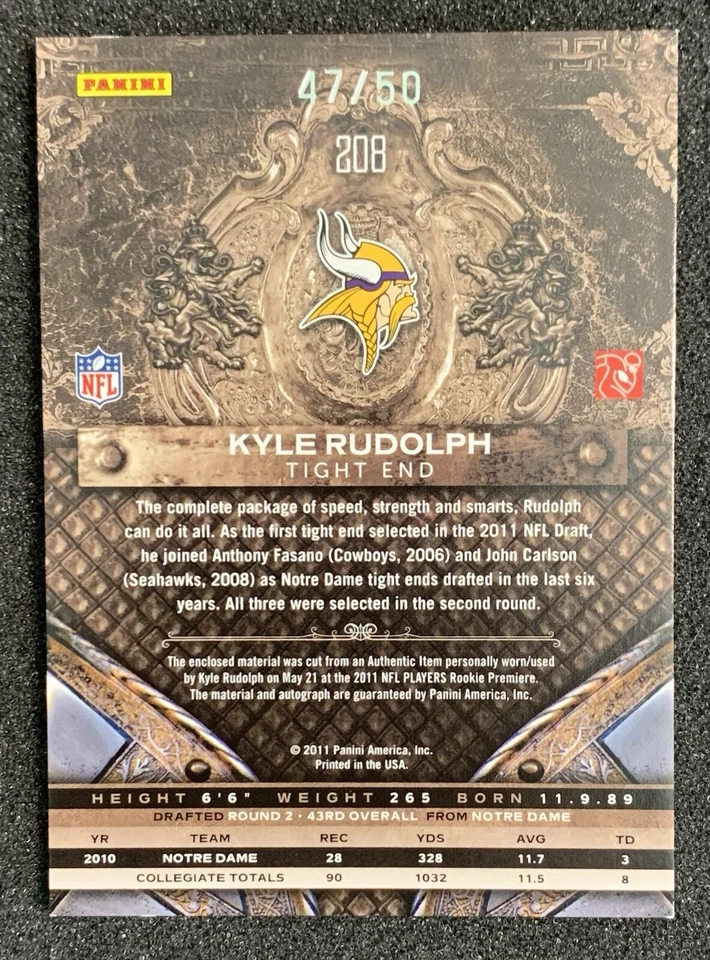 2011 Panini Crown Royale #208 Kyle Rudolph Silhouette Rookie Patch Auto SP /50 - Image 2 of 2