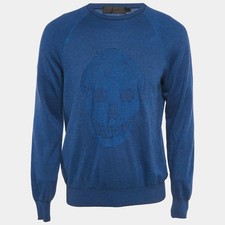 Alexander McQueen Blue 3D Skull Embossed Cotton Knit Sweater L