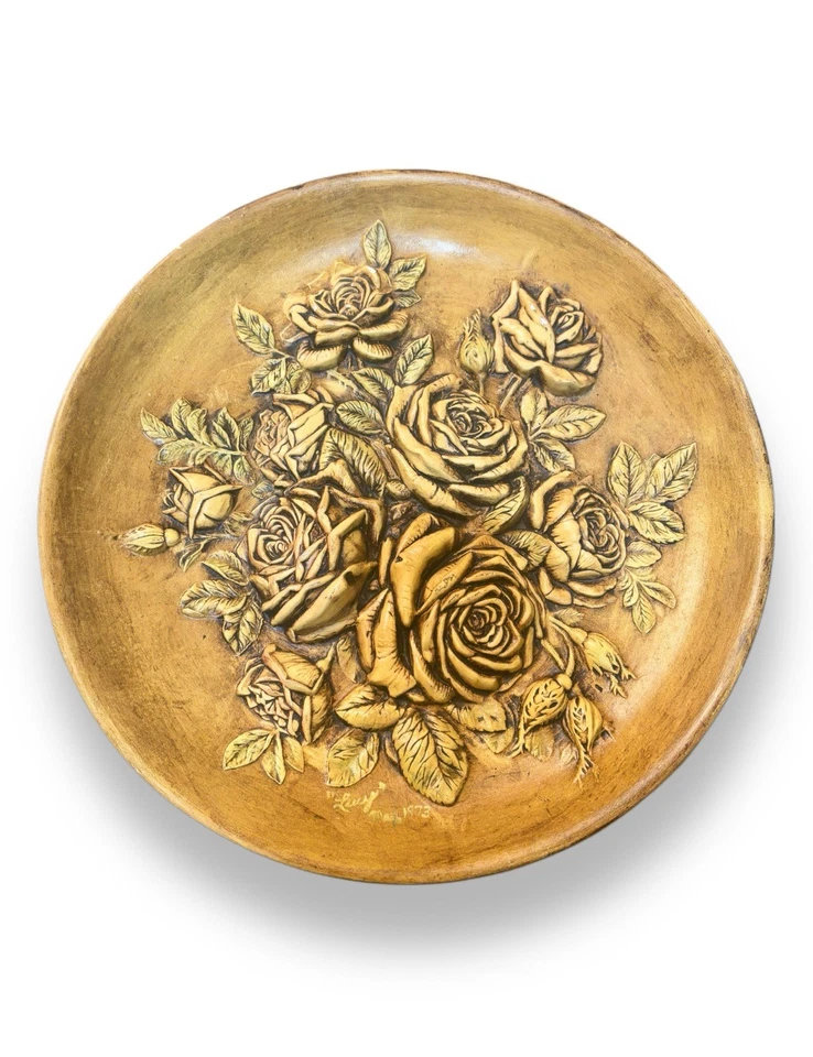 A Pair Of Vintage 1973 Hand-Painted Floral Bas-Relief Wall Plaques, Rustic Style - Image 3 of 4