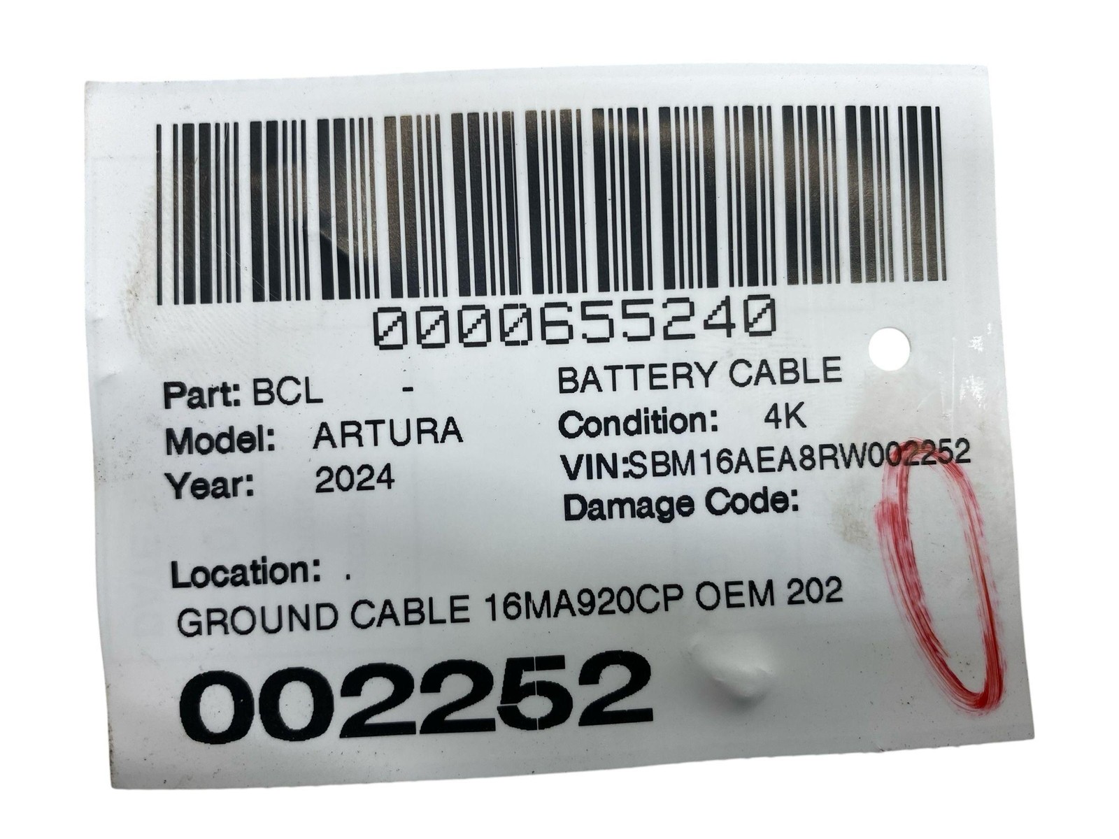2024 MCLAREN ARTURA GROUND CABLE 16MA920CP OEM