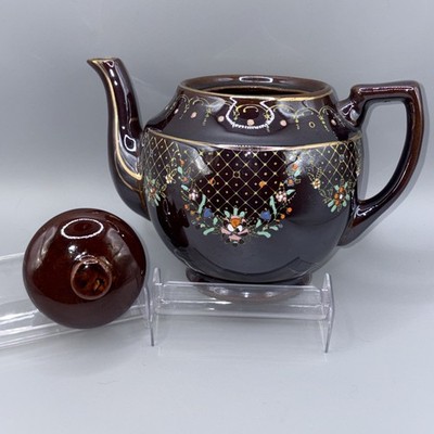 Vintage Japanese Redware Brown Betty Teapot 4 Cup Moriage Hand Painted Japan