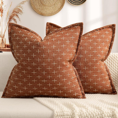 Fall Pillow Covers 18X18 Set of 2 Soft Polyester Textured Rust Pillow Covers wit