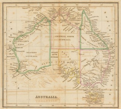 Australien vorgeschlagene Provinzen Nord/Süd Zentralaustralien Wells/Allan 1848 Karte