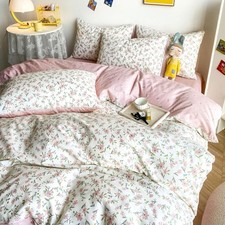 Soft Cotton White Duvet Cover Queen with Pink Floral Print,Garden Style Botan...