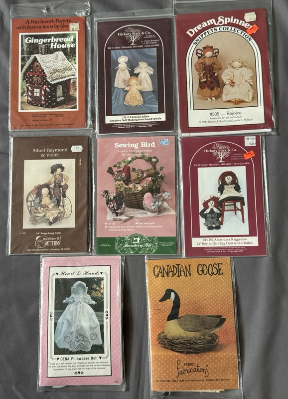Lot 6 Patterns Hickory Stick / Dream Spinners / Gooseberry Hill Soft Dolls Vtg