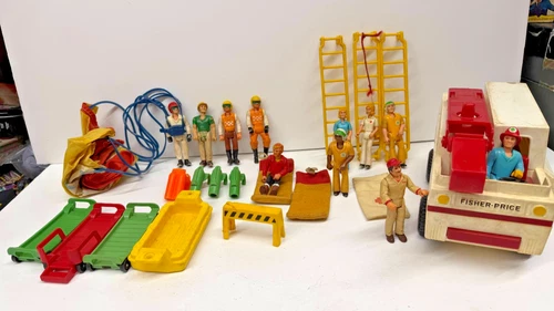 Vintage Fisher Price Adventure People Rescue Truck 4 EMT's Ladders Paratrooper