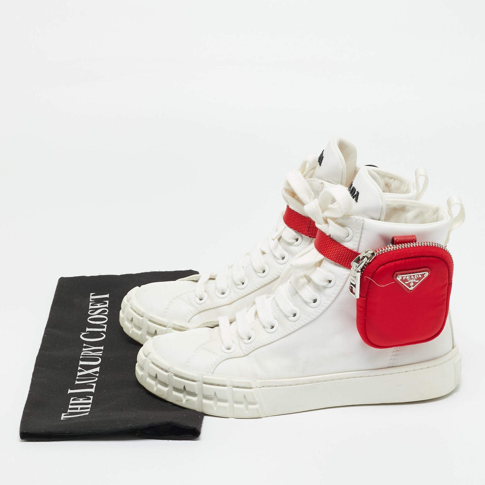 Prada White Nylon Triangle Pouch Pocket High Top Sneakers Size 37 thumbnail 9